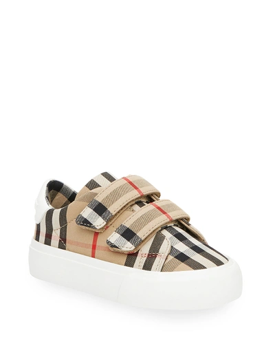 Shop Burberry Kid's Markham Check Grip-strap Sneaker, Baby/toddler In Beige