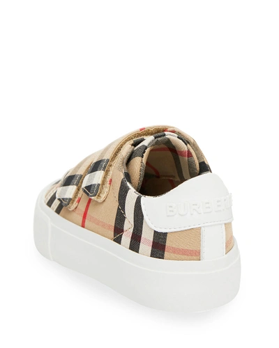 Shop Burberry Kid's Markham Check Grip-strap Sneaker, Baby/toddler In Beige