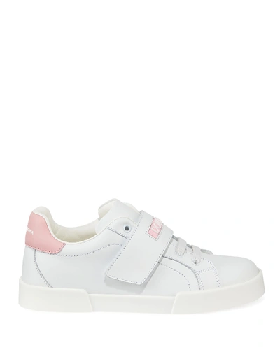 Shop Dolce & Gabbana Grip-strap Two-tone Leather Logo Sneakers, Toddler In White/red
