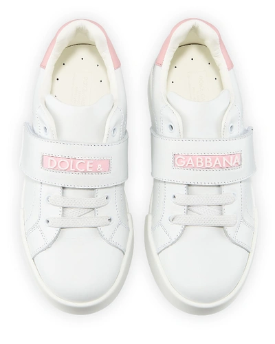 Shop Dolce & Gabbana Grip-strap Two-tone Leather Logo Sneakers, Toddler In White/red