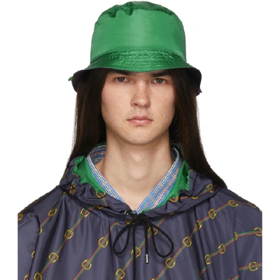 Shop Gucci Reversible Green Nylon Bucket Hat In Navy