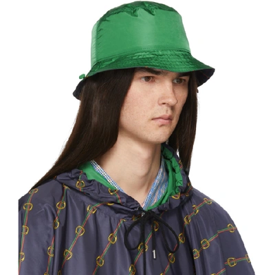 Shop Gucci Reversible Green Nylon Bucket Hat In Navy