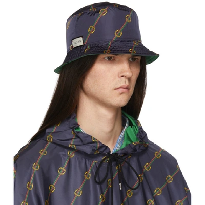 Shop Gucci Reversible Green Nylon Bucket Hat In Navy