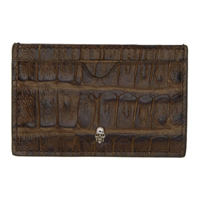 Shop Alexander Mcqueen Brown Croc Skull Card Holder In 3005 Umber