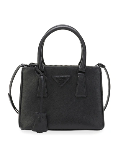 Shop Prada Galleria Mini Saffiano Dual-zip Satchel Tote Bag In Black