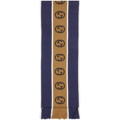 Shop Gucci Blue And Beige Wool Interlocking G Scarf In 4379 Rylbeg