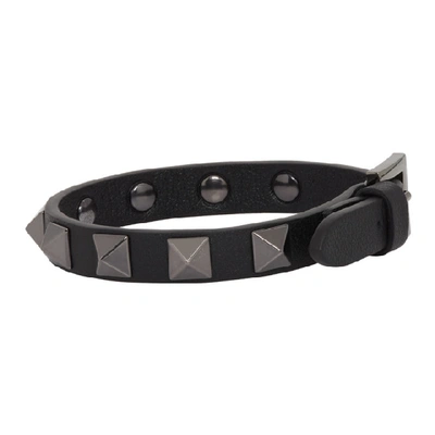 Shop Valentino Black  Garavani Leather Tonal Rockstud Bracelet