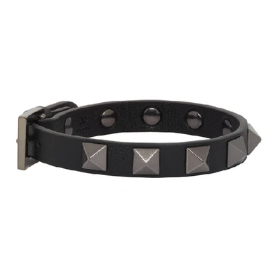 Shop Valentino Black  Garavani Leather Tonal Rockstud Bracelet
