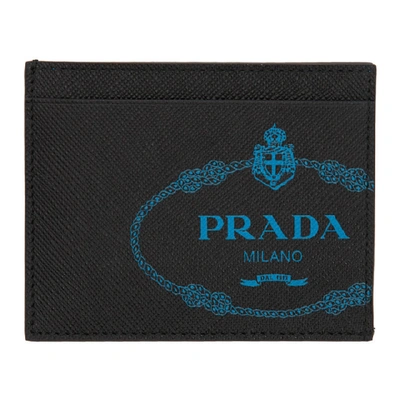 Shop Prada Black Saffiano Logo Card Holder In Marine