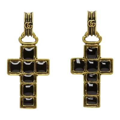 Shop Gucci Black And Gold Cross Pendant Earrings In 8029 Black