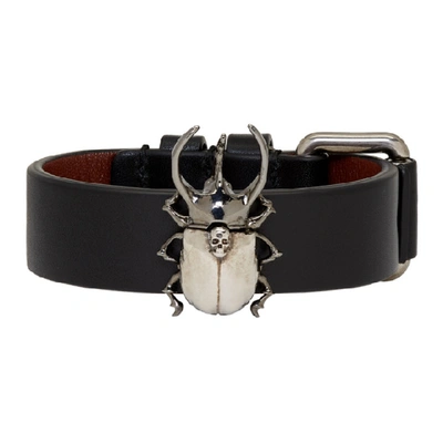 Shop Alexander Mcqueen Black Leather Beetle Bracelet In 1000 Black