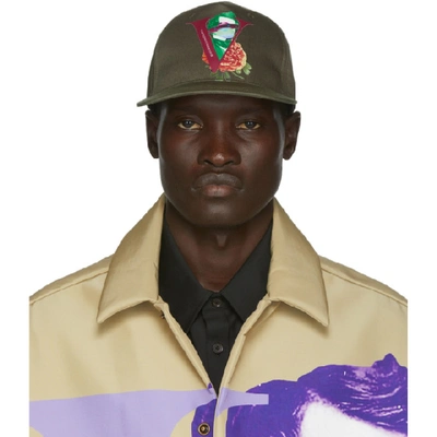 Shop Valentino Green  Garavani Undercover Edition V Face Rose Print Cap In L90 Olive