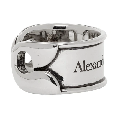 Shop Alexander Mcqueen Silver Safety Pin Ring In 0446 Silver