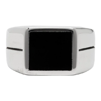 Shop Givenchy Silver And Black Logo Signet Ring In 008-blk/sil