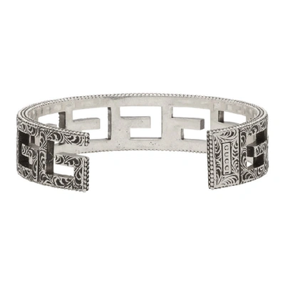 Shop Gucci Silver Square G Cuff Bracelet In 0811agedsil