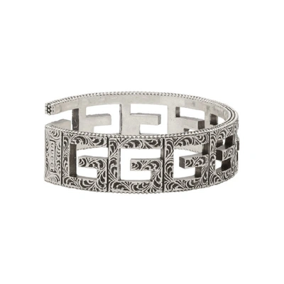 Shop Gucci Silver Square G Cuff Bracelet In 0811agedsil