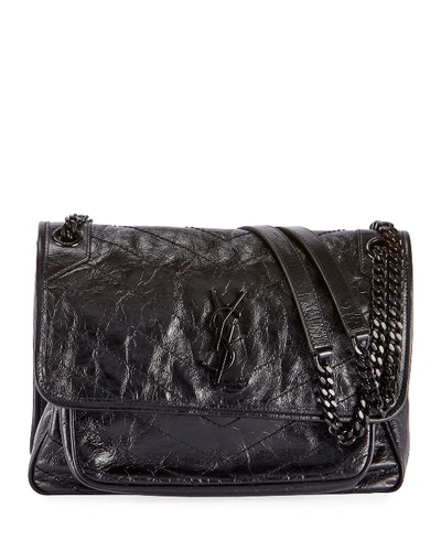 Shop Saint Laurent Niki Medium Flap Ysl Shoulder Bag In Crinkled Leather In Black