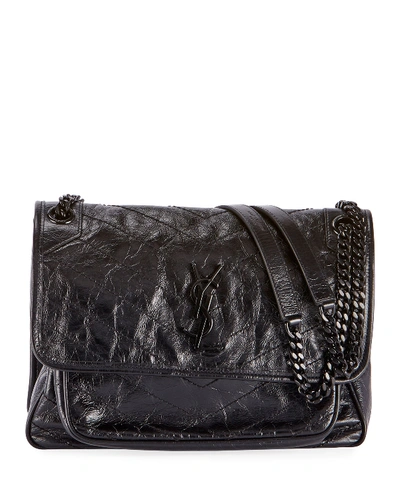 Saint Laurent Niki Medium Flap Ysl Shoulder Bag In Crinkled Leather In Black