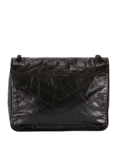 Shop Saint Laurent Niki Medium Flap Ysl Shoulder Bag In Crinkled Leather In Black