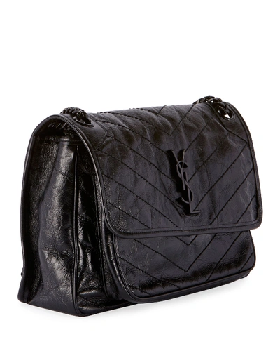 Saint Laurent Niki Medium Flap Ysl Shoulder Bag In Crinkled Leather In Black
