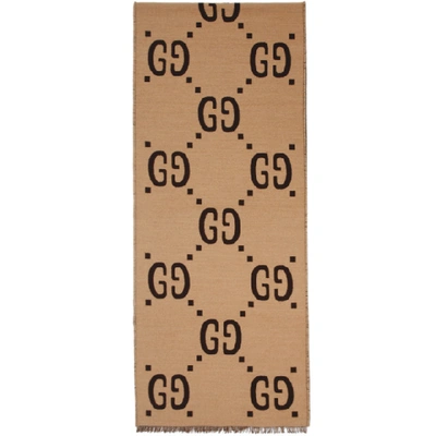 Shop Gucci Brown And Beige Wool Gg Scarf In 2179 Brown