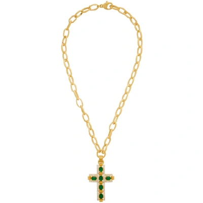 Shop Gucci Gold And Green Cabochan Stone Cross Necklace In 8525 Gold