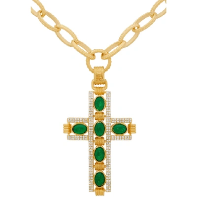 Shop Gucci Gold And Green Cabochan Stone Cross Necklace In 8525 Gold