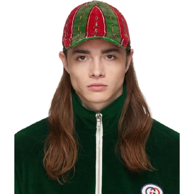 Shop Gucci Green & Red Chenille Horsebit Chain Cap