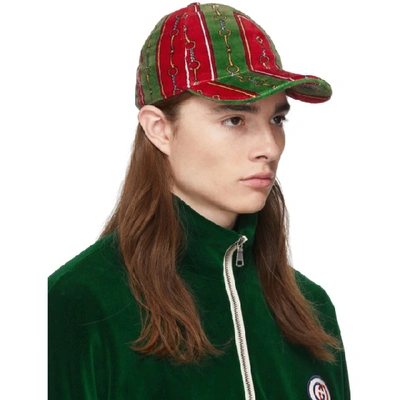 Shop Gucci Green & Red Chenille Horsebit Chain Cap