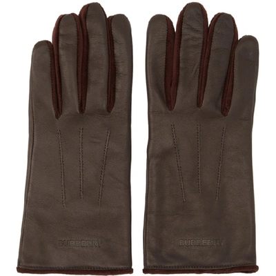 Shop Burberry Burgundy Leather And Velvet Classic Gloves