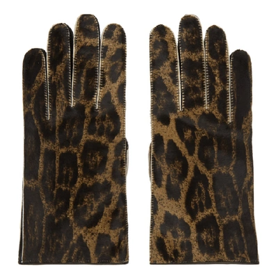 Shop Raf Simons Brown Leather Animal Print Gloves In 06099 Brnbl