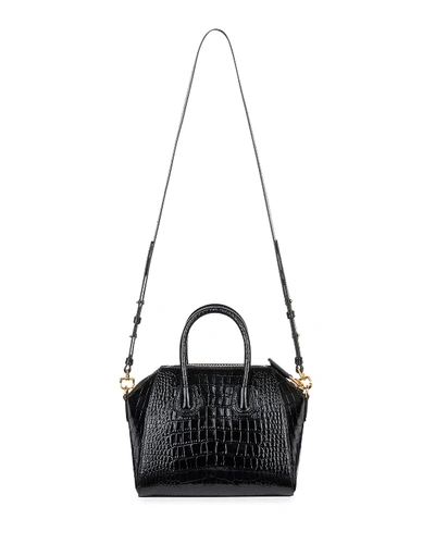 Shop Givenchy Antigona Mini Croc-embossed Satchel Bag In Black