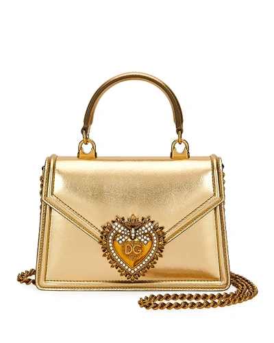 Shop Dolce & Gabbana Devotion Mini Metallic Leather Top-handle Bag In Pewter