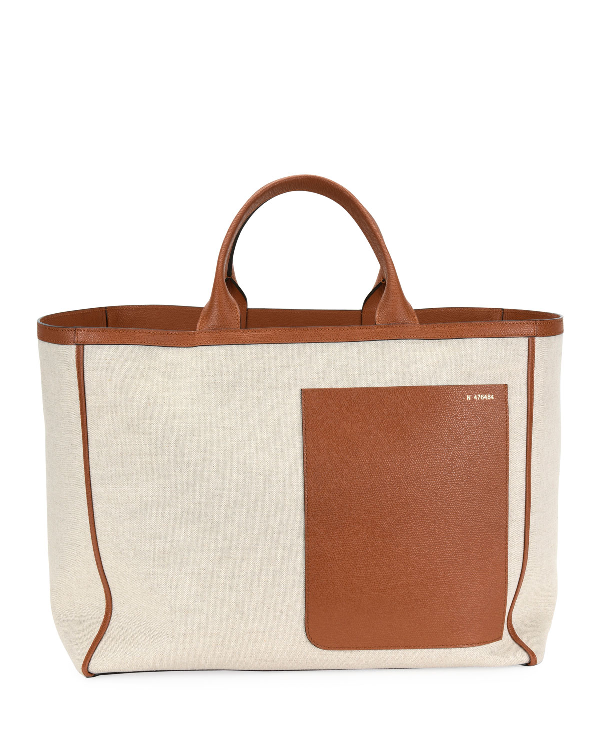 Valextra Shopping Large Canvas And Leather Tote Bag In Beige Multi ...
