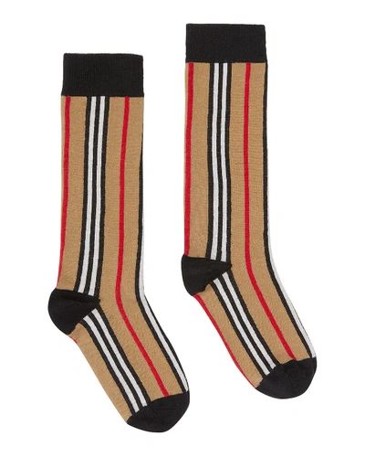 Shop Burberry Kid's Icon Stripe Socks In Beige