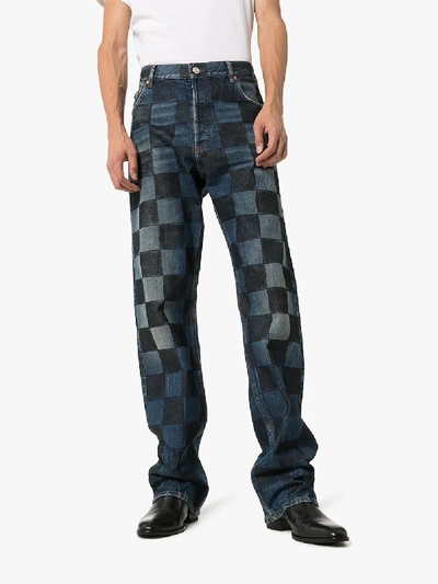 Shop Balenciaga Chequerboard Print Straight Leg Jeans In Blue