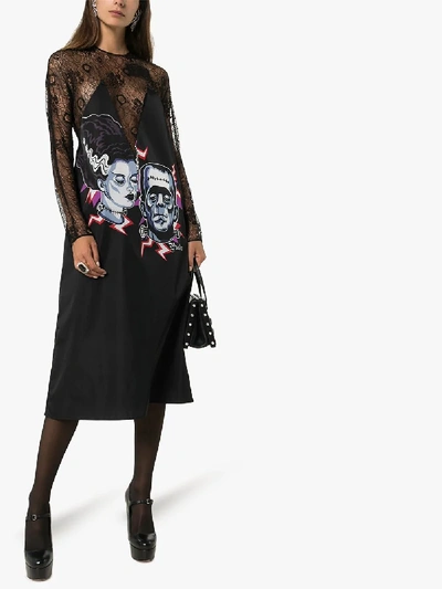 Shop Prada Frankenstein Print Lace Dress In 101 - Black