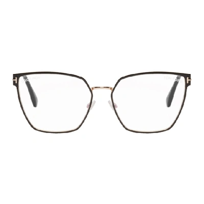 Shop Tom Ford Black And Gold Blue Block Thin Angular Glasses In 001 Blk Gld