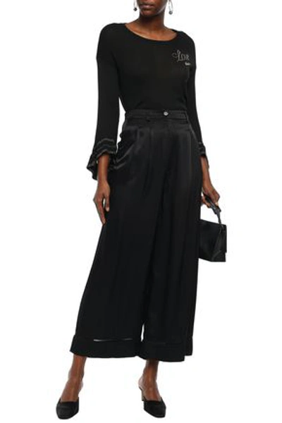 Shop Love Moschino Cropped Open Knit-trimmed Satin-crepe Wide-leg Pants In Black