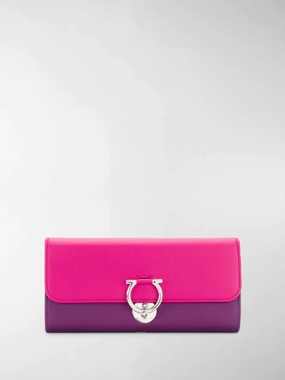 Shop Ferragamo Two-tone Gancio Lock Wallet In Purple