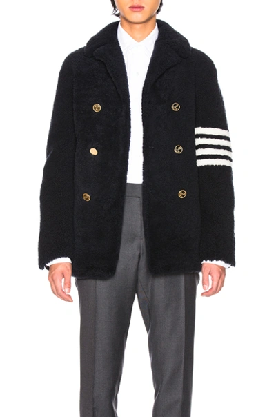 Shop Thom Browne Shearling Unconstructed Classic Peacoat In Navy