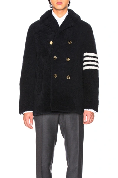 Shop Thom Browne Shearling Unconstructed Classic Peacoat In Navy