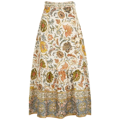Shop Zimmermann Edie Ivory Printed Linen Skirt In Multicoloured
