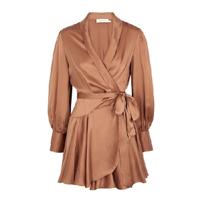Shop Zimmermann Super Eight Bronze Silk-satin Mini Wrap Dress