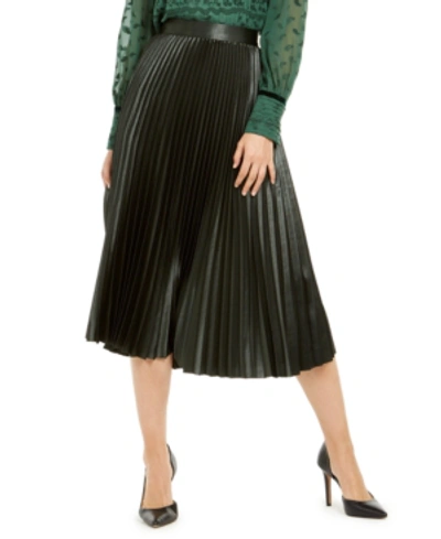 Shop Elie Tahari Sue Pleated Satin Midi Skirt In Dark Green