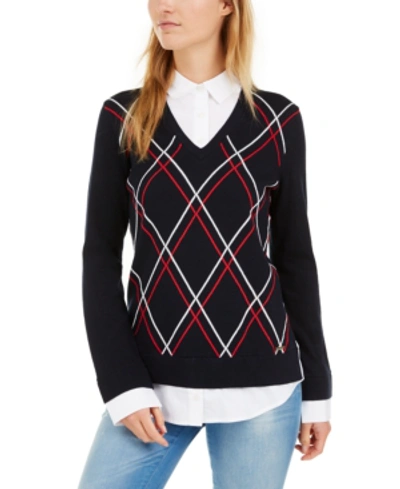 Shop Tommy Hilfiger Cotton Layered-look Sweater, Created For Macy's In Sky Captain Multi