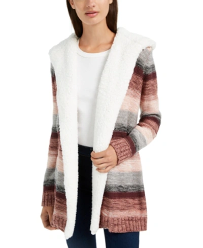 Shop Almost Famous Juniors' Sherpa Trim Cardigan In Rose Stripe