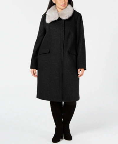 Shop Vince Camuto Plus Size Faux-fur-collar Coat In Black