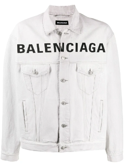 Shop Balenciaga Front Logo Denim Jacket Cement Grey In White