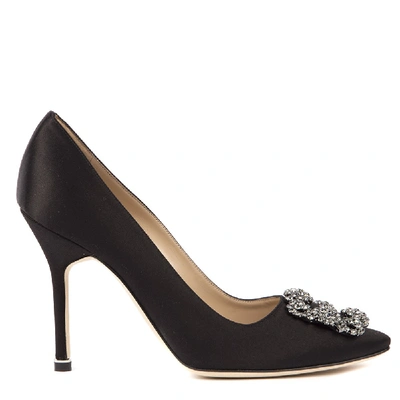 Shop Manolo Blahnik Hangisi Black Satin & Leather Pumps